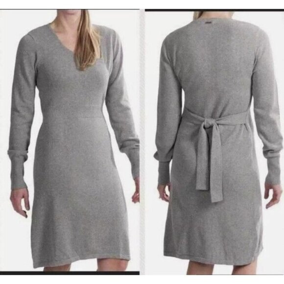 Prana Ziggy Sweater Dress Womens Medium Gray Long Sleeve Tie Waist Wool Blend - Picture 1 of 7